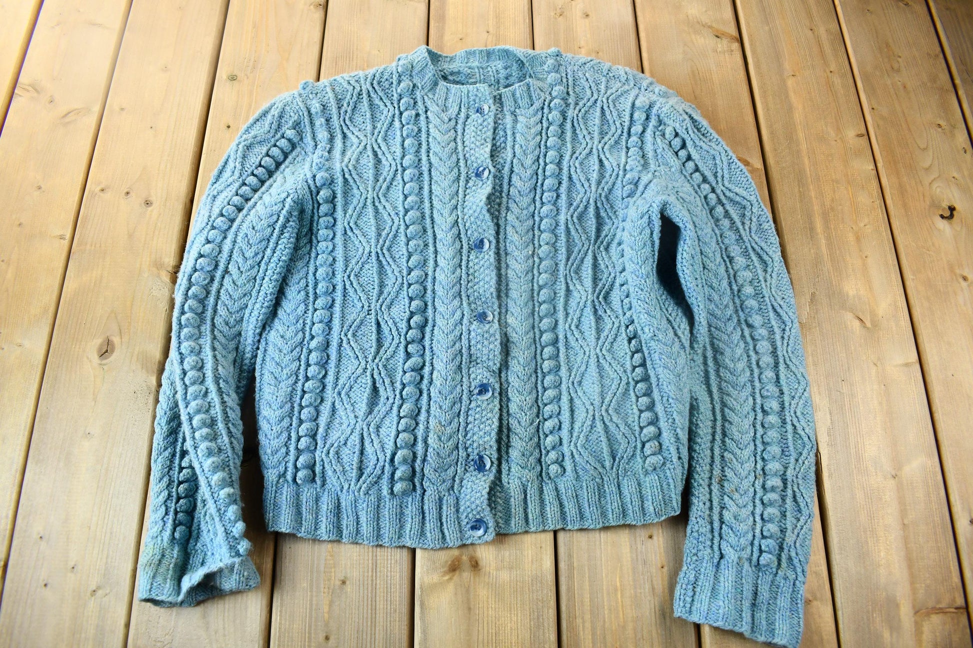 Vintage 1990s Blue Cable Knit Cardigan Sweater