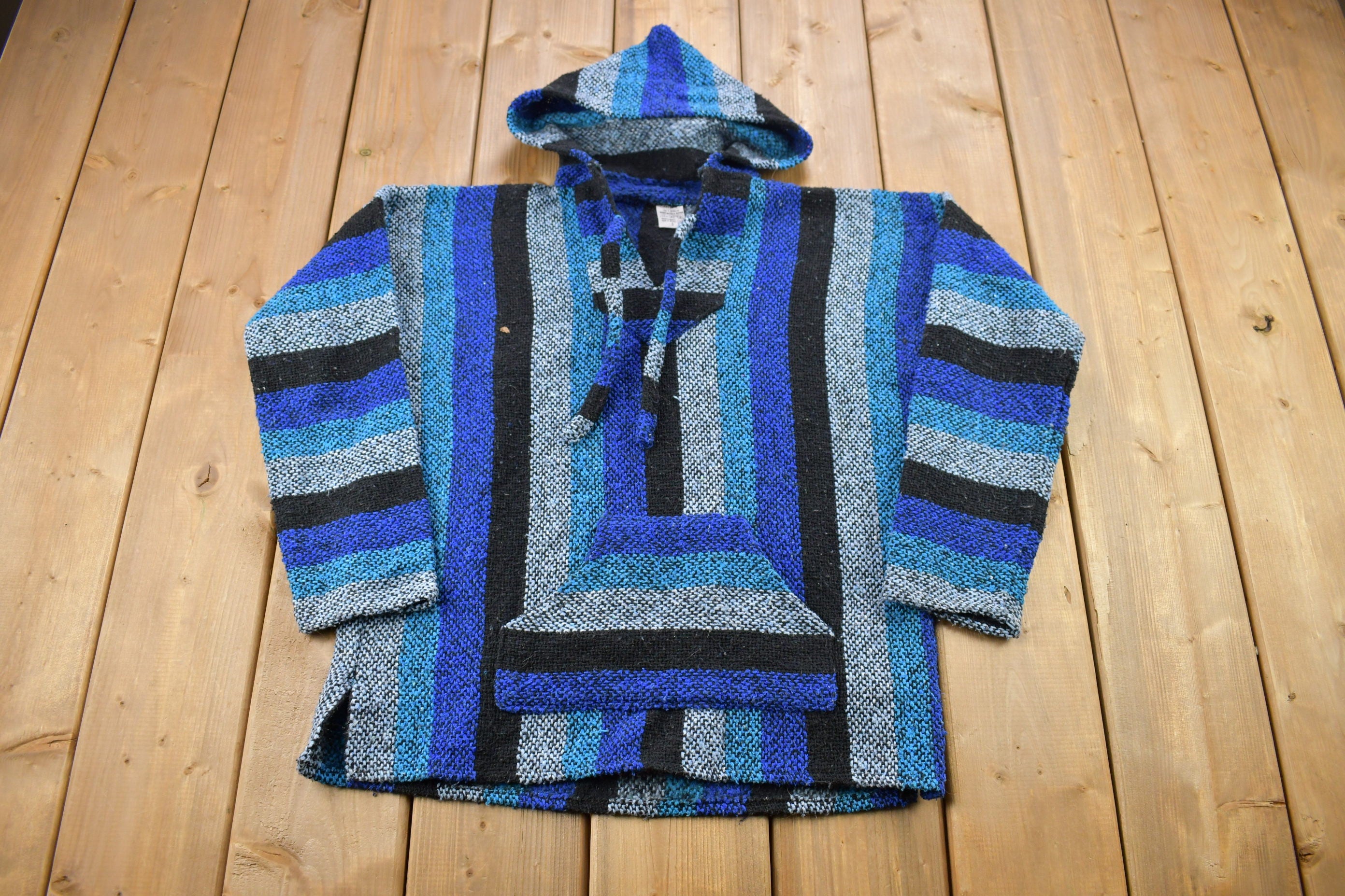 Vintage 1990s Art-Maz Hooded Pullover Striped Knit Poncho Blanket Hoodie