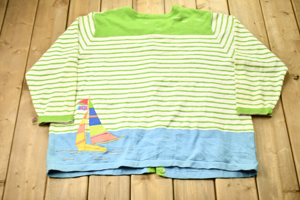 Vintage 1990s The Quacker Factory Striped Cardigan  90s Cardigan  Vintage Boat Graphic  Outdoor  Winter Sweater