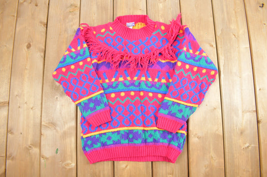 Vintage 1980s Mount Snow Fringe Knit Crewneck Sweater / Vintage 80s Crewneck / All Over Pattern / Colorful / Sweatshirt / Abstract Pattern