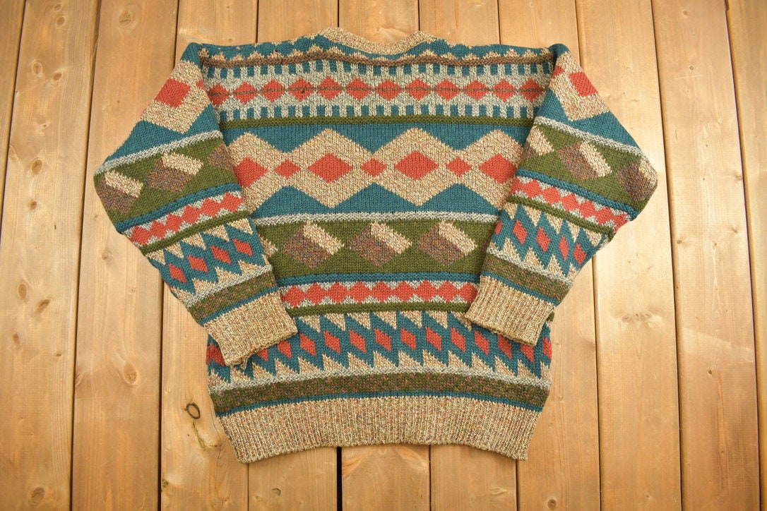 Vintage 1990s Patterned Knitted Crewneck Sweater / Vintage 90s Crewneck / All Over Pattern / Colourful / Hand Knit / Made In Ireland