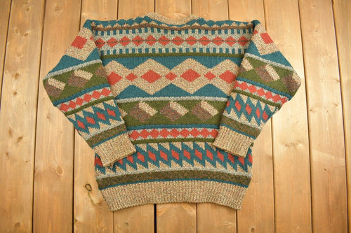 Vintage 1990s Patterned Knitted Crewneck Sweater / Vintage 90s Crewneck / All Over Pattern / Colourful / Hand Knit / Made In Ireland
