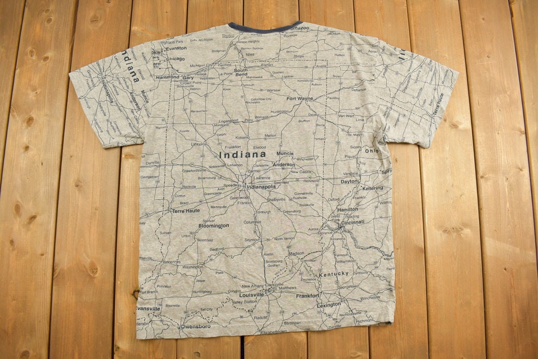 Vintage Y2K Indiana Road Map Souvenir T Shirt