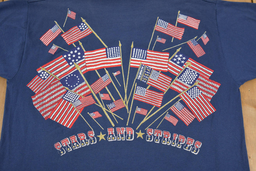 Vintage 1990s Stars And Stripes Wrap Around Patriotic American Flag Print T Shirts