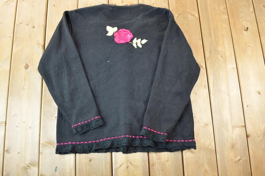 Vintage 1990s Storybook Knits Floral Embroidered Knit Perfect Mild Distress Cardigan Sweater Made In USA