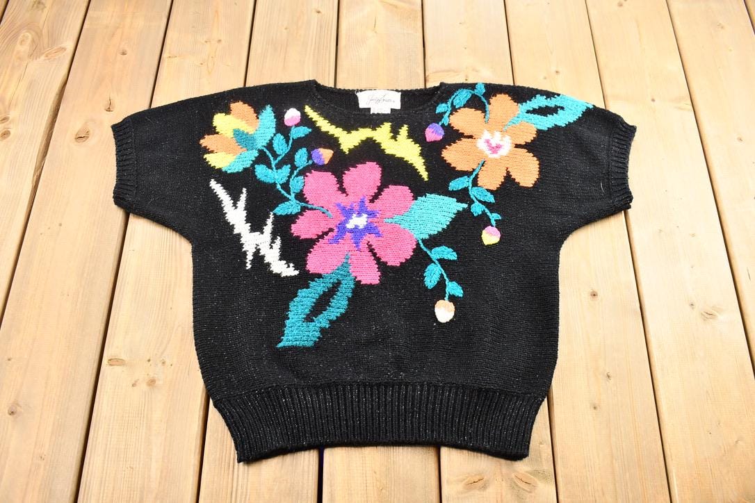 Vintage 1990s Jaclyn Smith Short Sleeve Black Floral Knit Crewneck Sweater