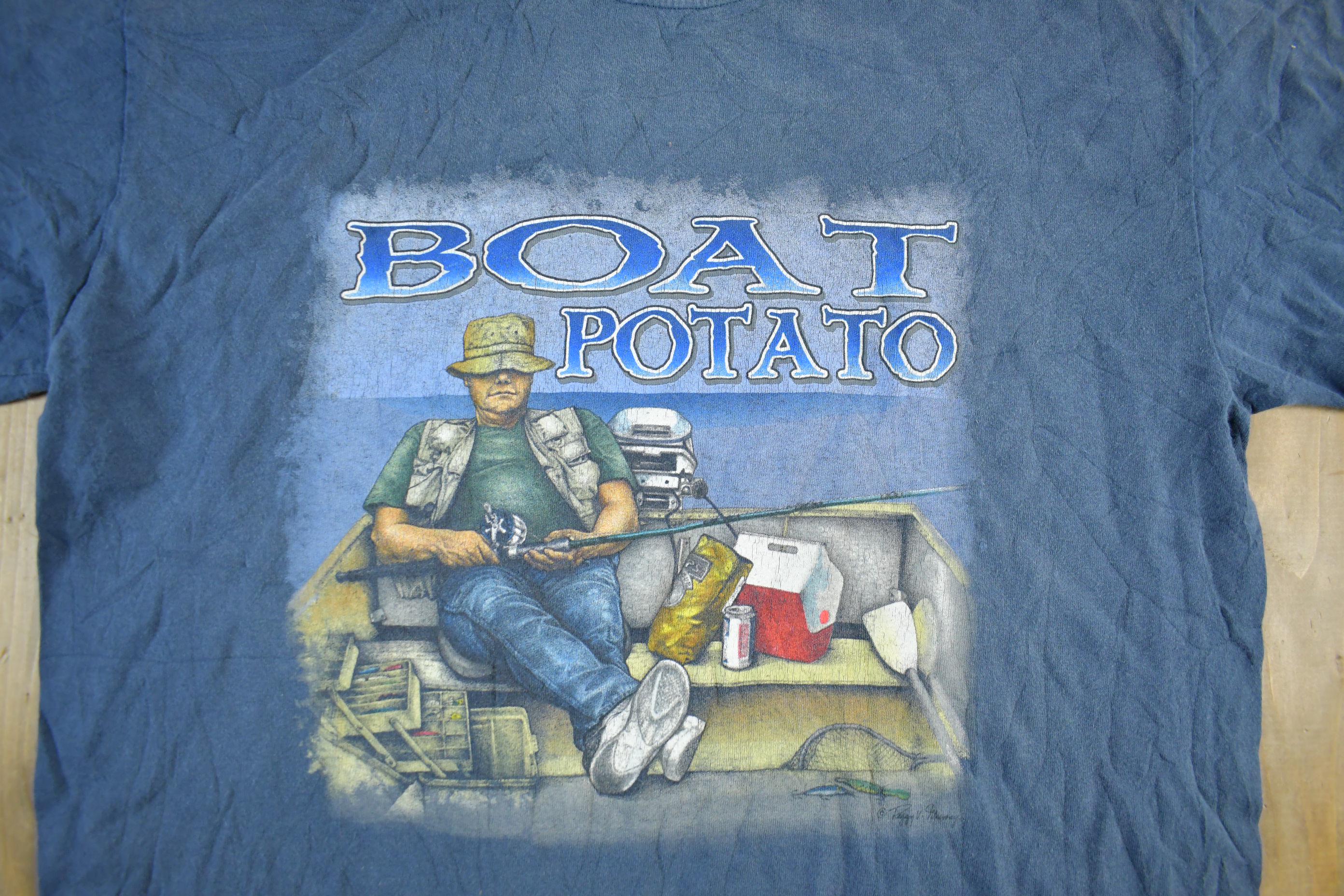 Vintage 1990s Boat Potato Fishing Graphic Fisherman T-Shirt Men's Large