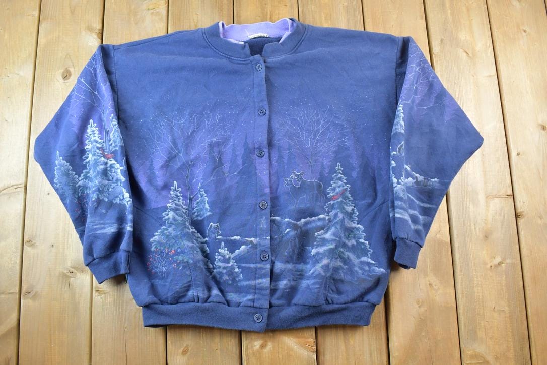 Vintage 1990s Double Collared All Over Print Button Up Outdoorsman Crewneck Sweatshirt