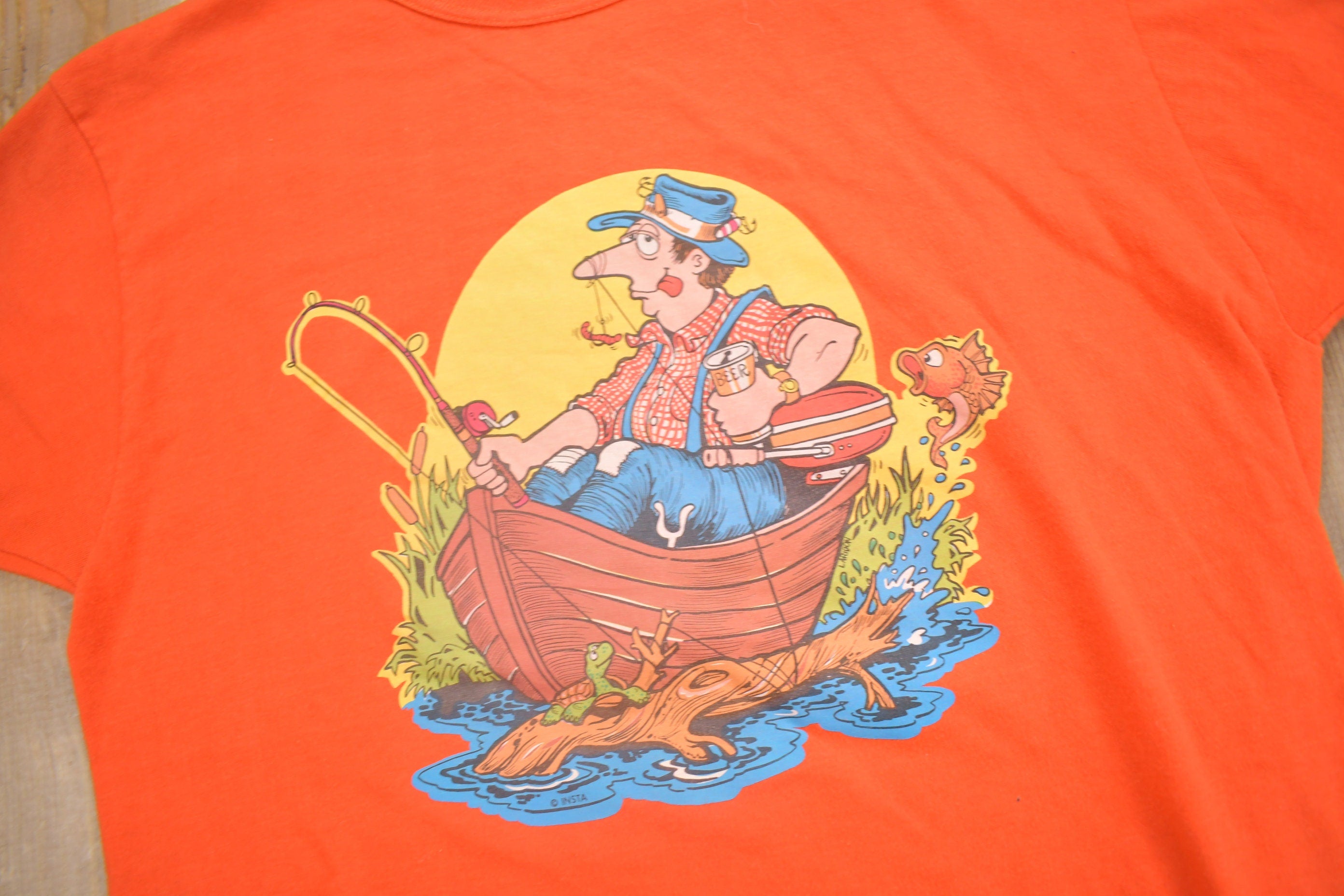 Vintage 1970s Fisherman Graphic Ringer T Shirt