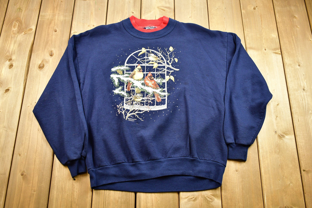 Vintage 1990s Christmas Holiday Bird Graphic Crewneck Sweater , Christmas , Winter , Festive Bird Graphic , Animal Print , 80s