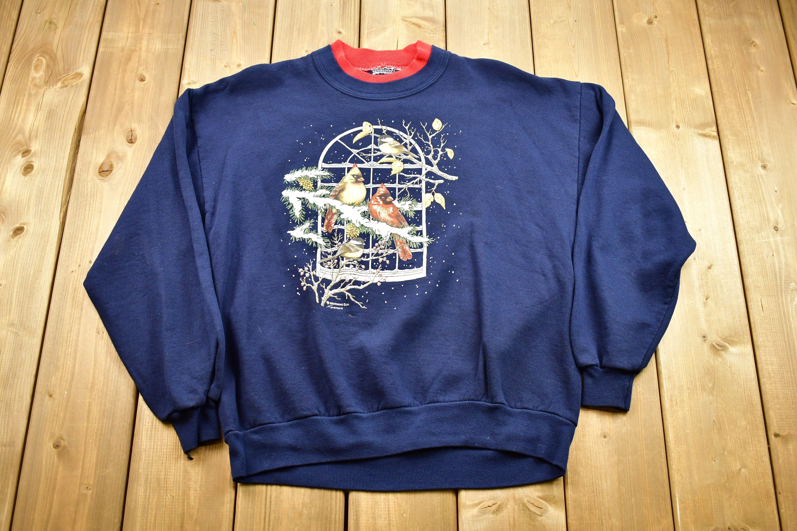 Vintage 1990s Christmas Holiday Bird Graphic Crewneck Sweater , Christmas , Winter , Festive Bird Graphic , Animal Print , 80s
