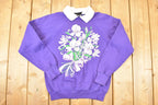Vintage 1990s Design Pointe Floral Collared Graphic Print Crewneck Sweatshirt Women's M
