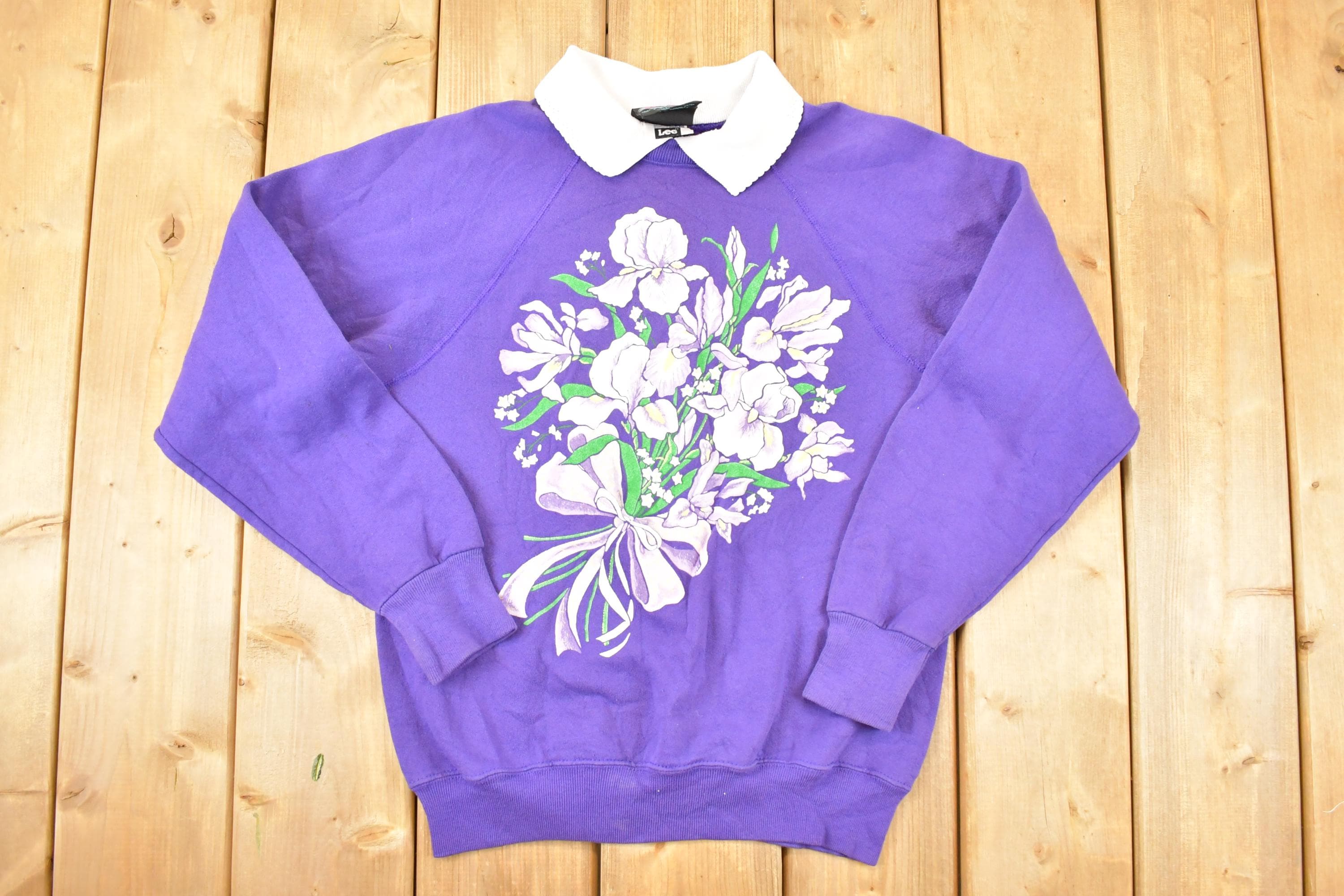Vintage 1990s Design Pointe Floral Collared Graphic Print Crewneck Sweatshirt Women's M