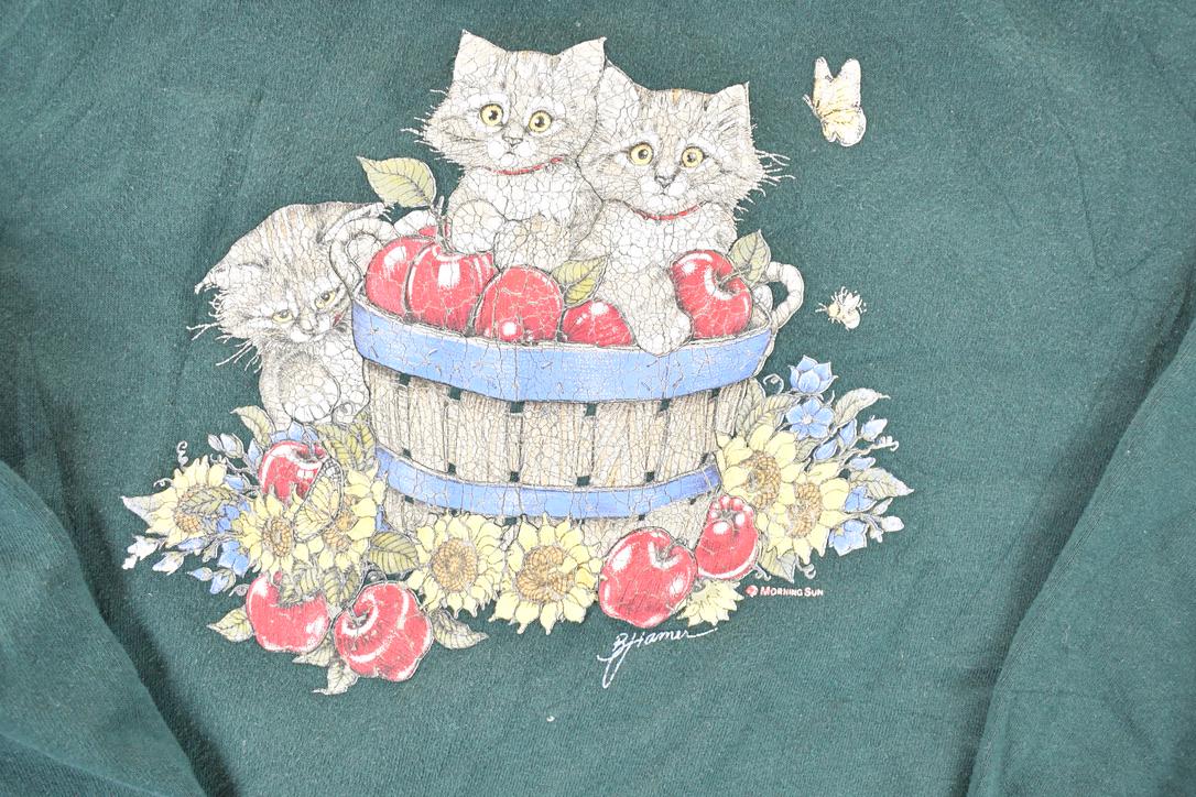 Vintage 1990s Morning Sun Petite Double Collar Apple Cat Bushel Cute Cartoon Crewneck Sweatshirt Women's L