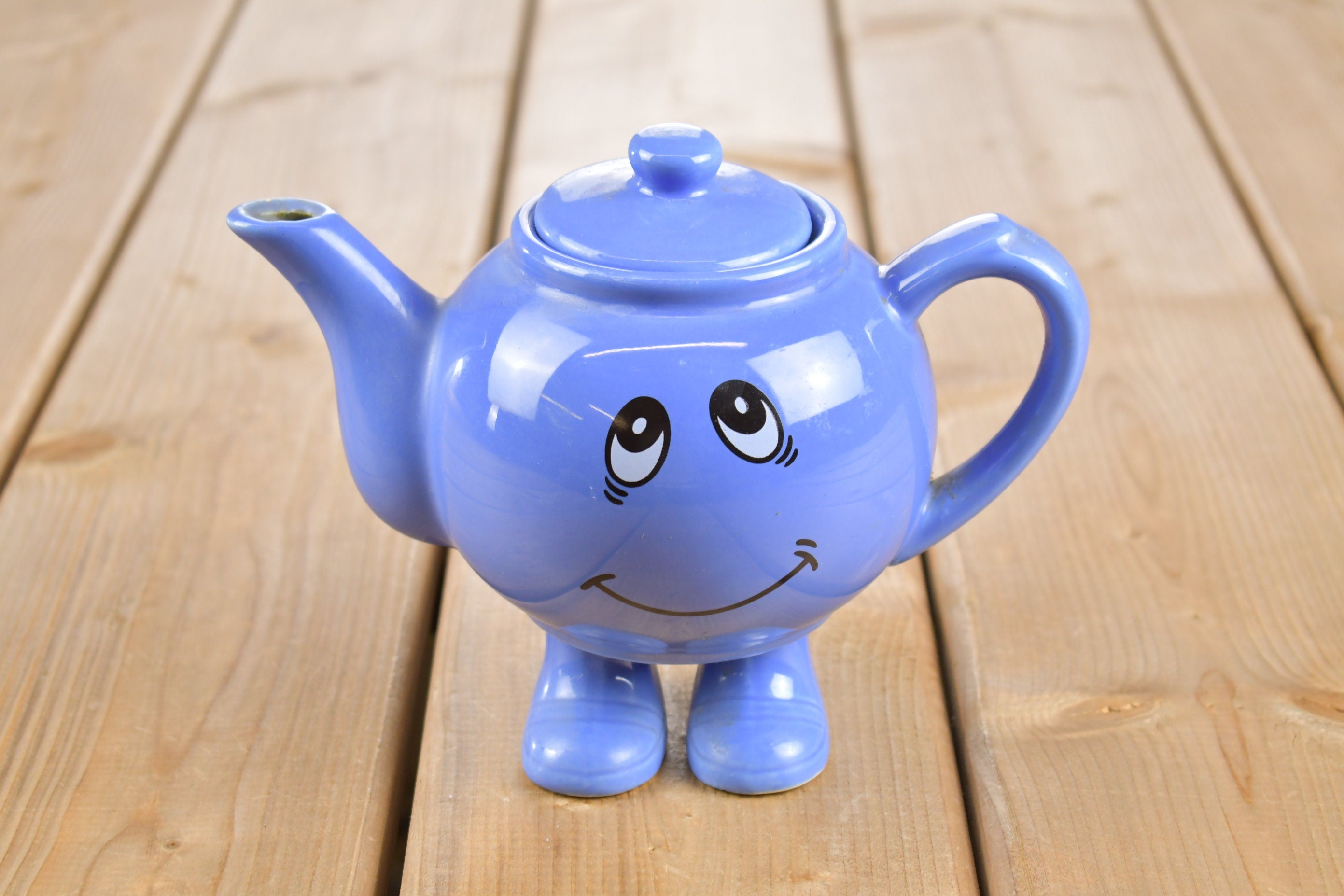 Vintage 1980s Cute Smiley Face Ceramic Tea Pot With Feet