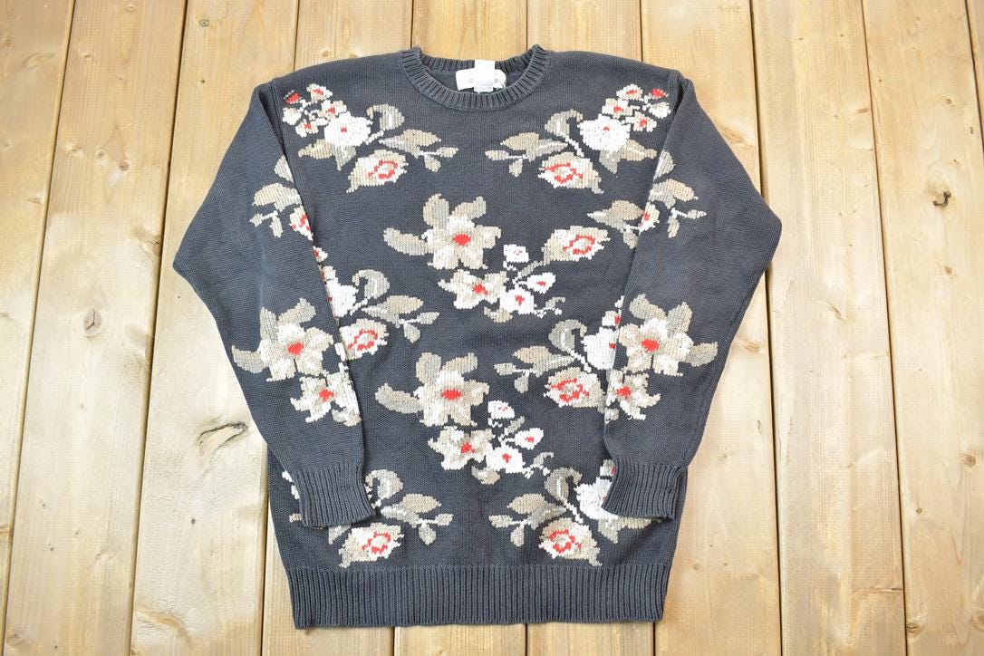Vintage 1990s Jones New York Floral Knit Crewneck Sweater / 90s Crewneck / Made In USA / Preppy Knit