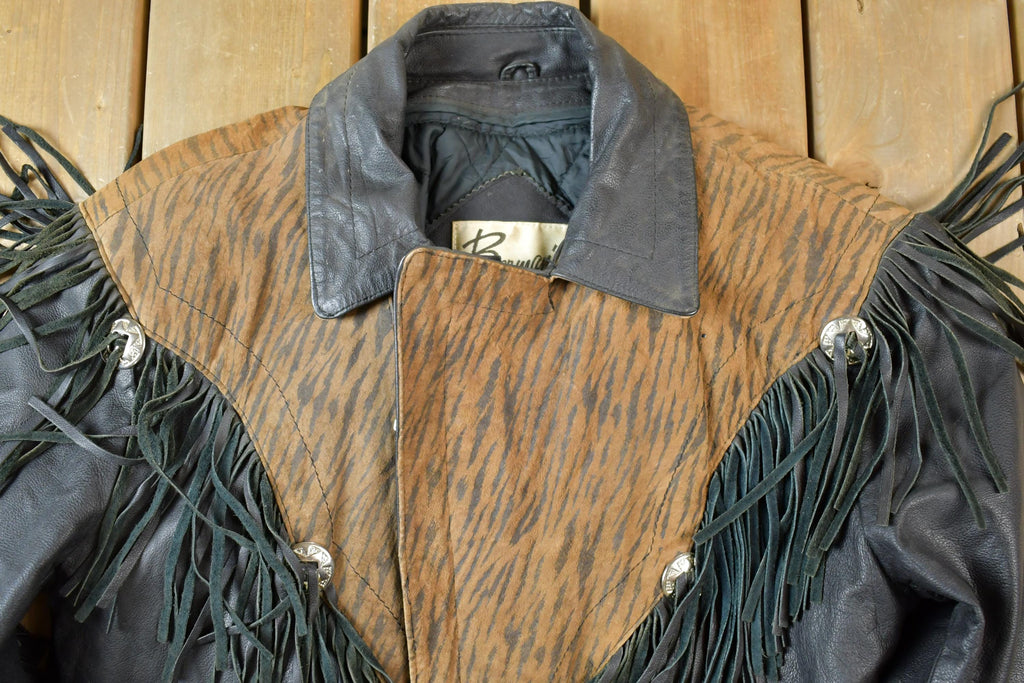 Vintage 1990s Bermans Leather Frills Tassel Animal Print Wild Print Motorcycle Jacket Made In USA