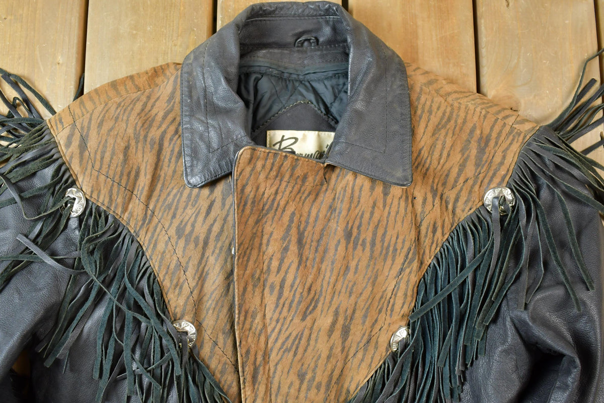 Vintage 1990s Bermans Leather Frills Tassel Animal Print Wild Print Motorcycle Jacket Made In USA