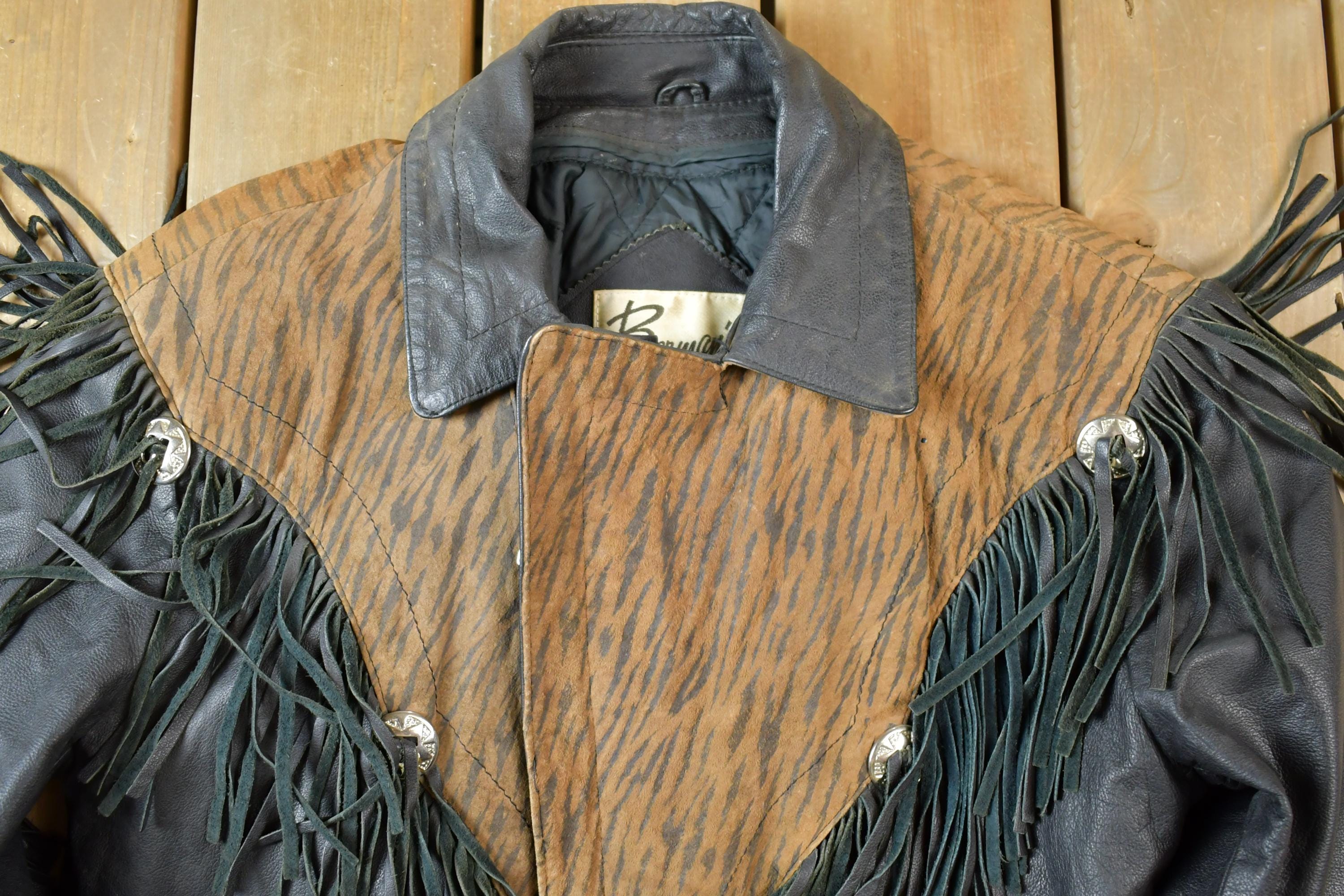 Vintage 1990s Bermans Leather Frills Tassel Animal Print Wild Print Motorcycle Jacket Made In USA