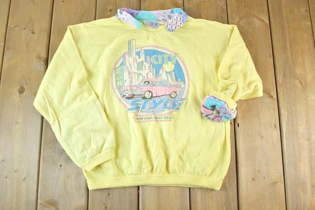 Vintage 1990s City Style Super Unique Collared Pink Cadillac Crewneck Sweatshirt Made In USA