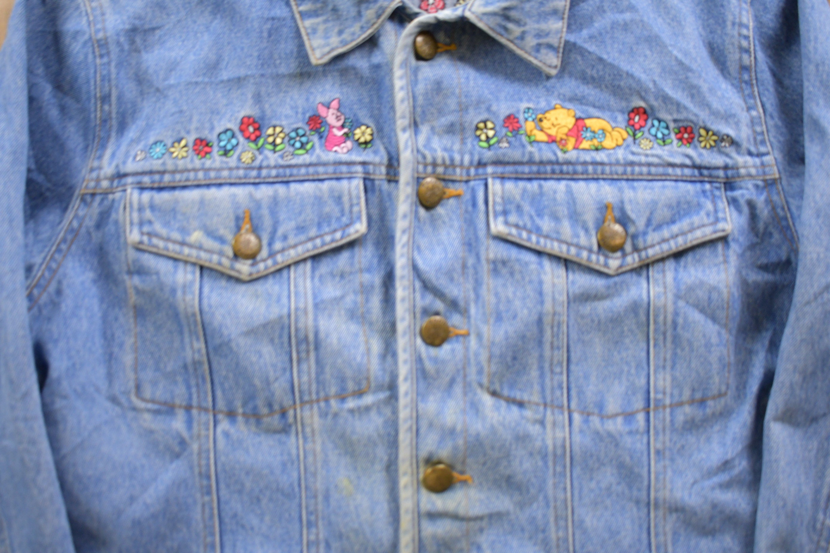 Vintage 1990s Winnie The Pooh Floral Embroidered Denim Jean Jacket