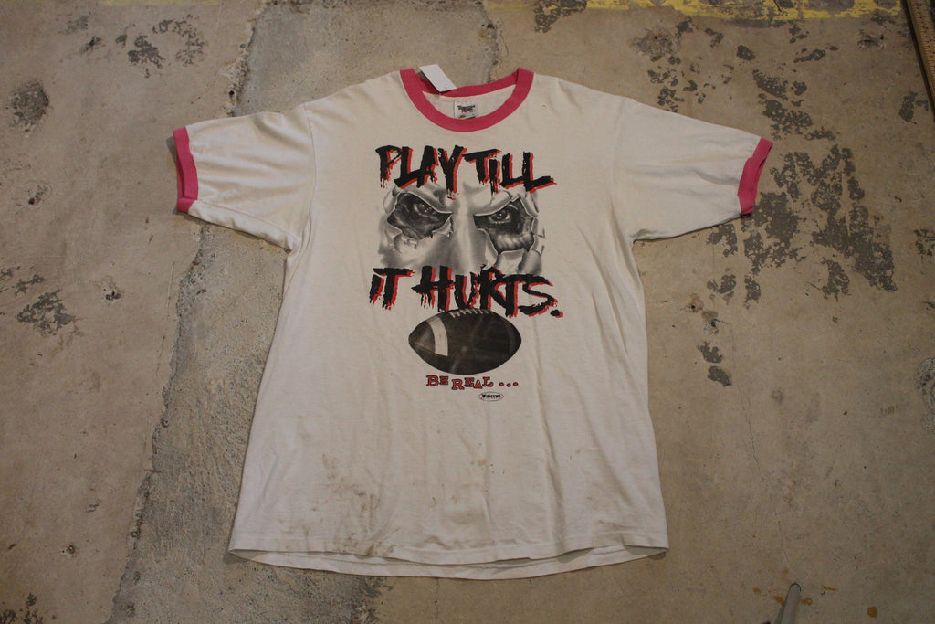 Vintage 1990s Play Till It Hurts Football Graphic Ringer T Shirt