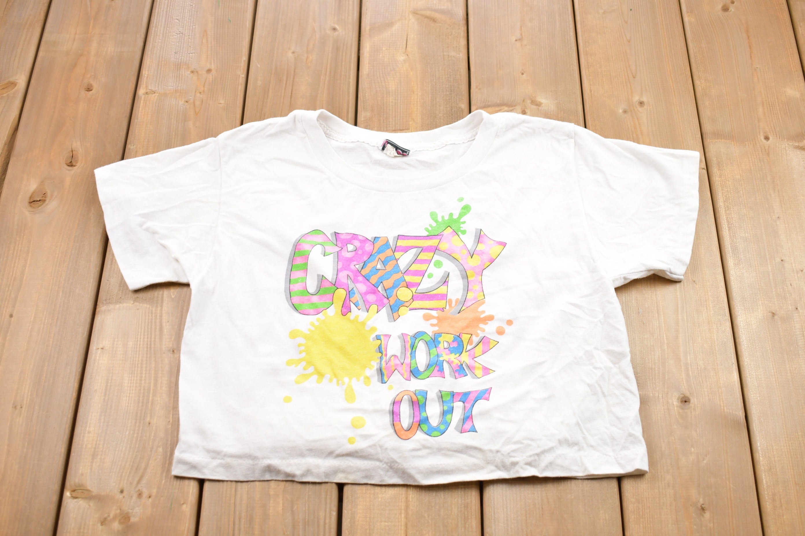 Vintage 1990s Kids Crazy Work Out Graphic Cropped T-Shirt