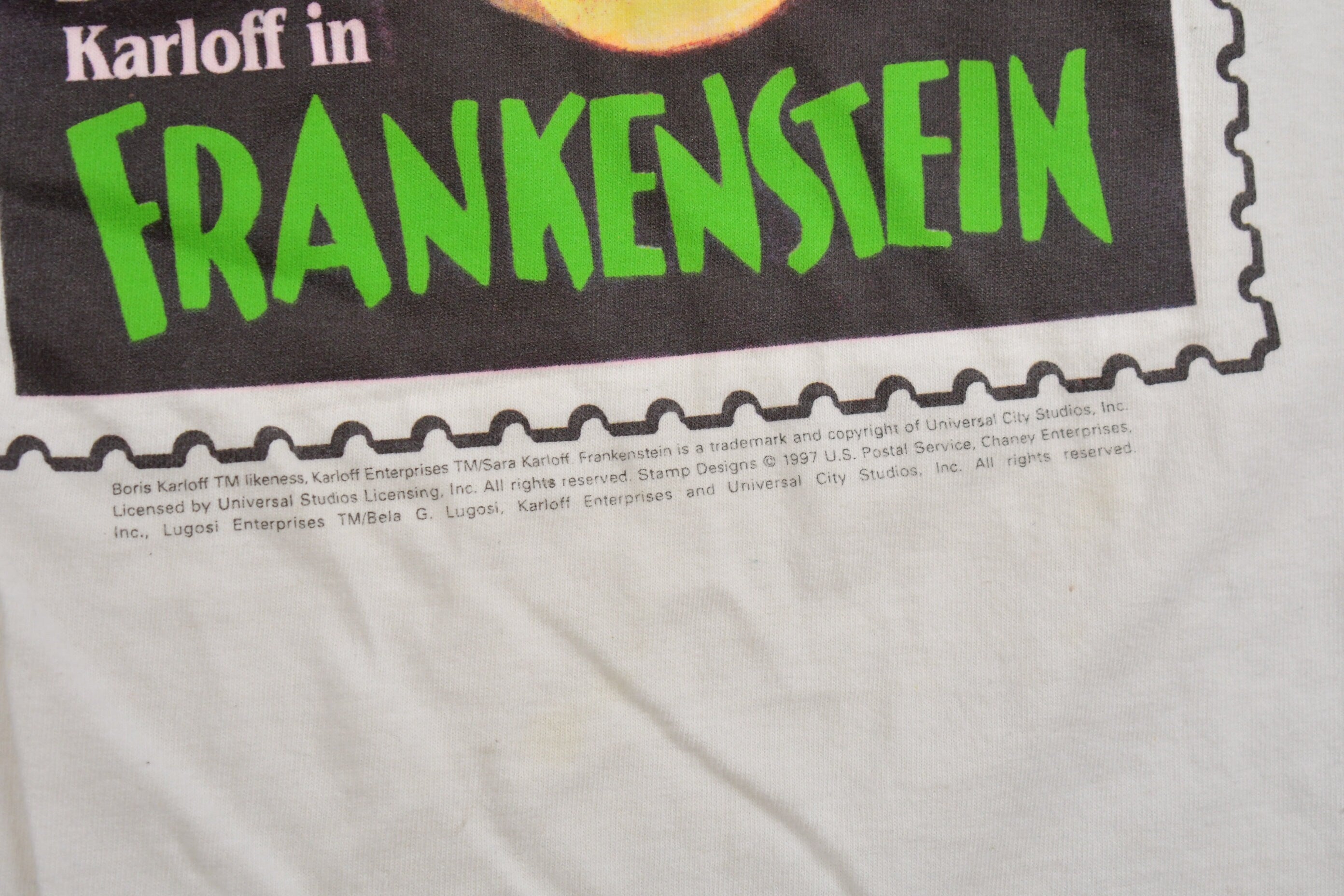 Vintage 1997 Frankenstein USPS Mail Stamp Graphic T-shirt