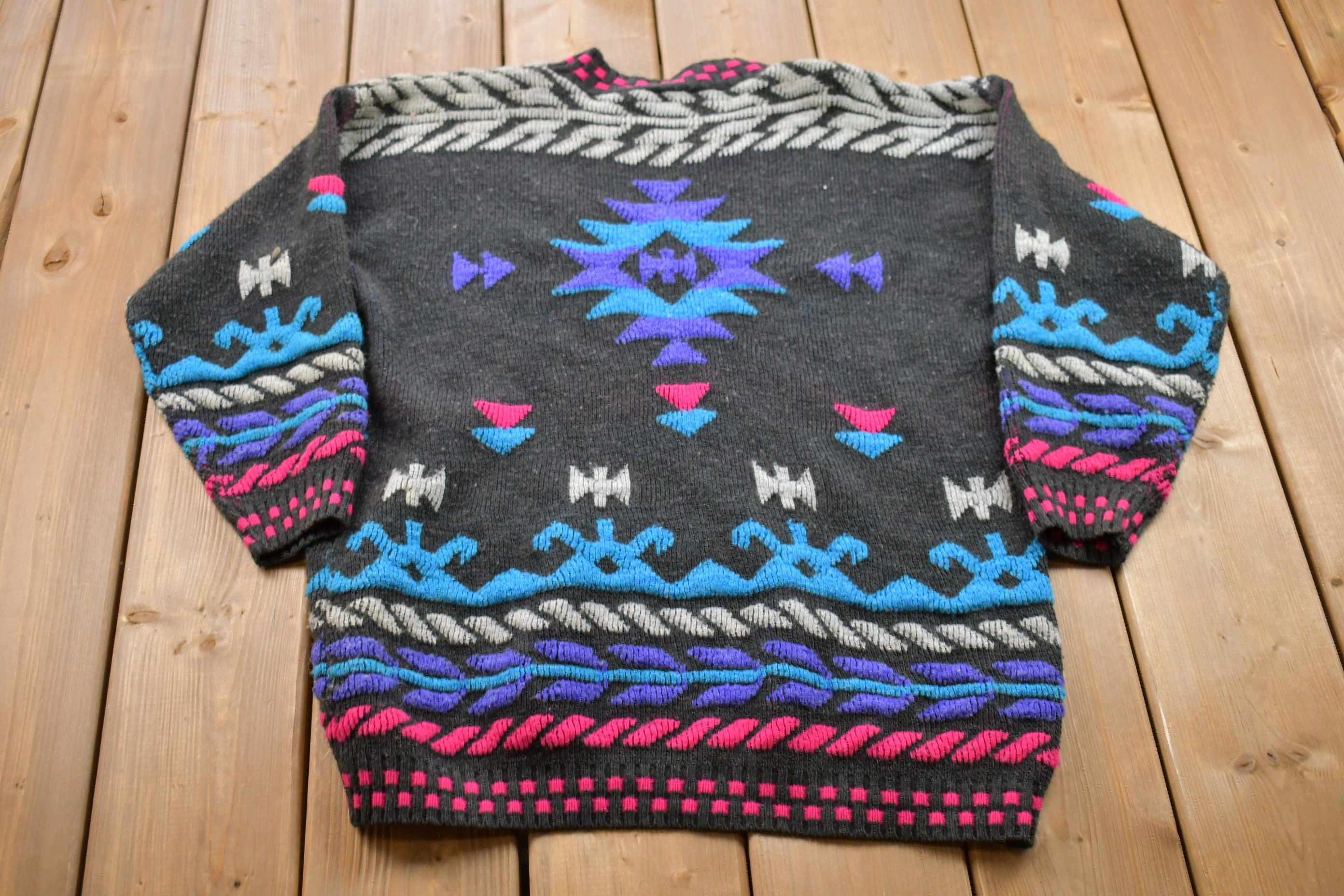 Vintage 1990s Bay Point Threads Aztec Knitted Crewneck Sweater