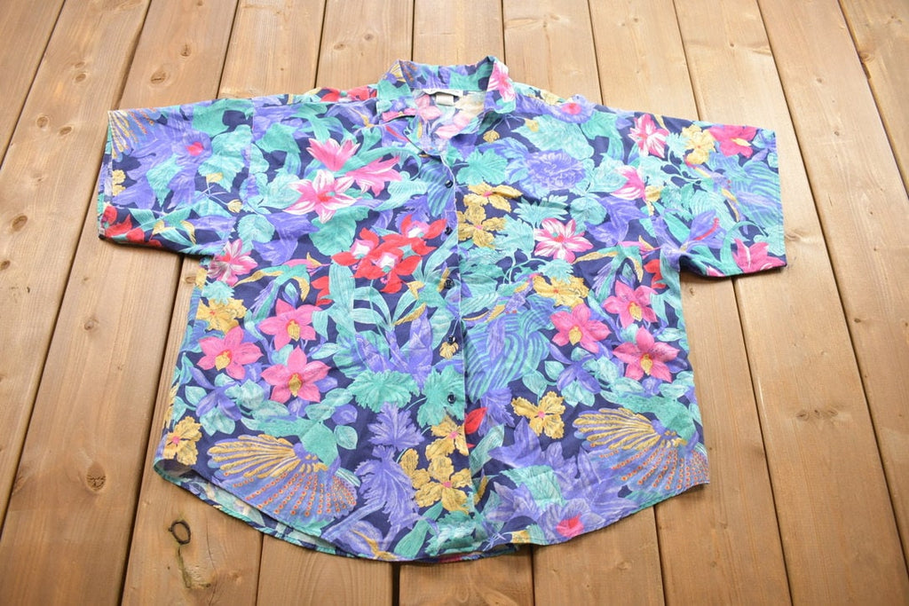 Vintage 1990sMs. Caribou Floral Hawaiian Button Up Shirt / All Over Pattern / Single Stitch/ Casual Shirt / Formal Shirt