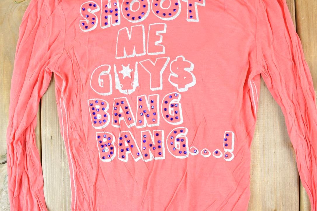 Women Vintage Vigoss Y2K Shoot Me Guys T-Shirt / Vigoss Grunge Skull Print / Contrast Stitch / Internet Famous Clothing / Over Dyed