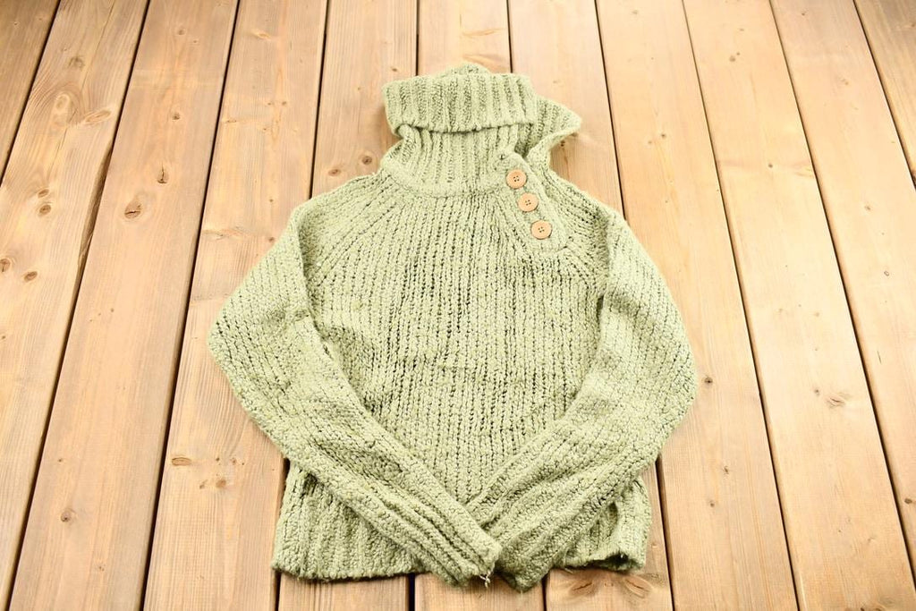 Vintage 1990s Women's Sage Green Kenzie Button Detail Ribbed Chunky Knit Mock Neck Sweater