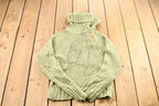 Vintage 1990s Women's Sage Green Kenzie Button Detail Ribbed Chunky Knit Mock Neck Sweater