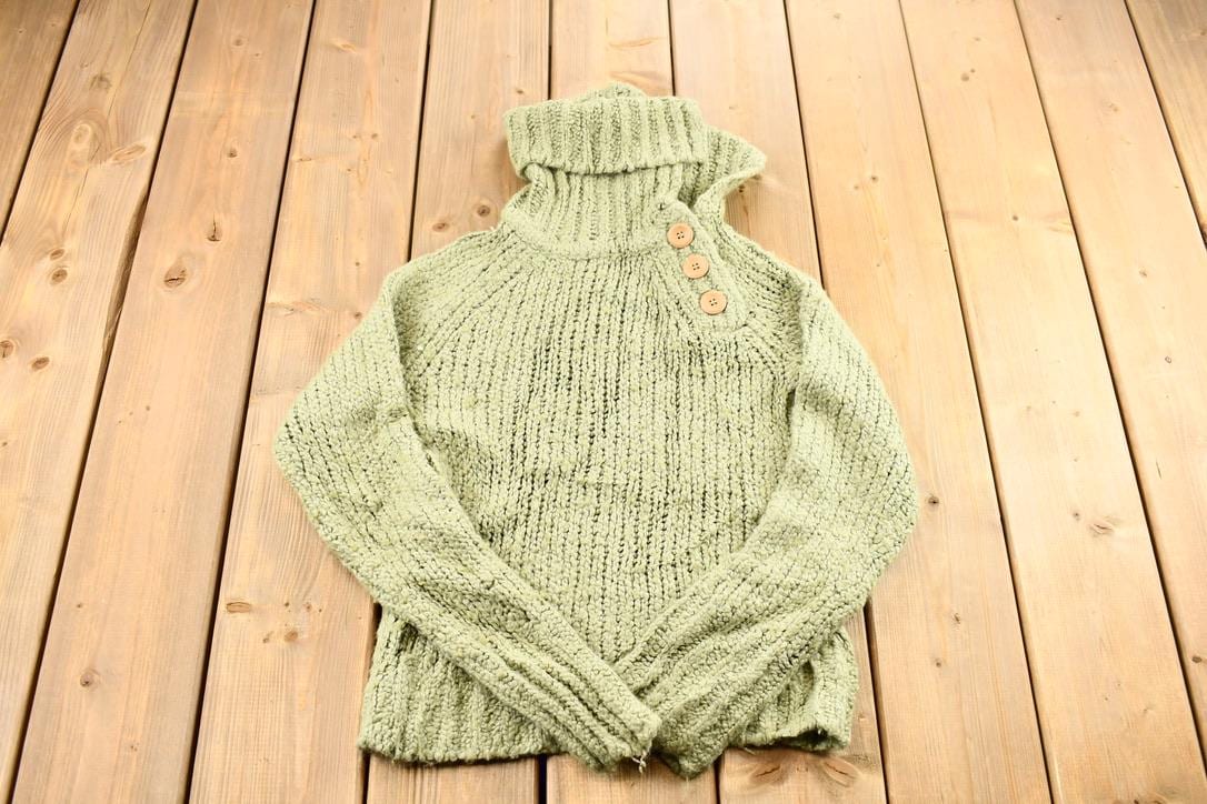 Vintage 1990s Women's Sage Green Kenzie Button Detail Ribbed Chunky Knit Mock Neck Sweater