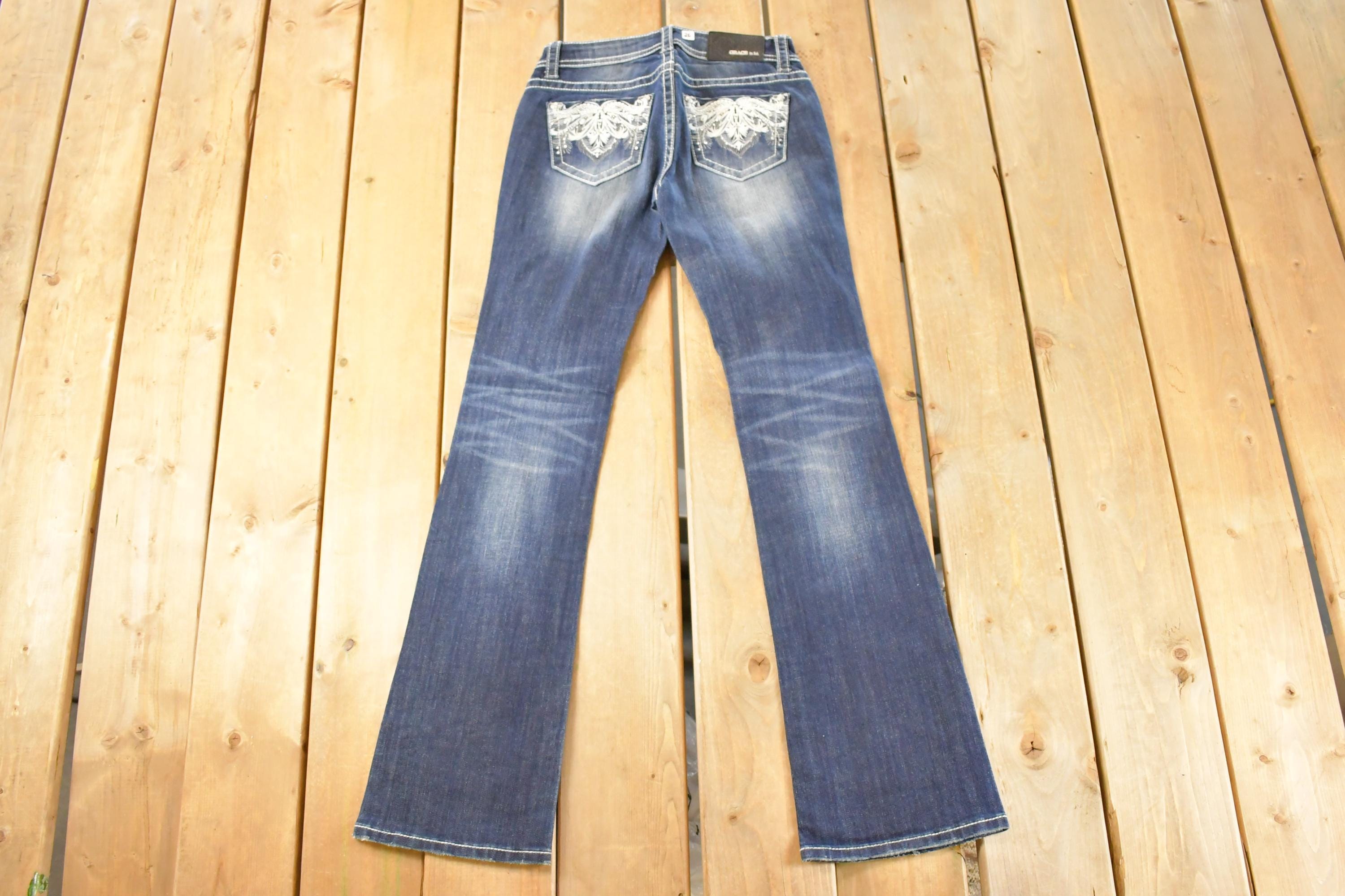 Vintage Deadstock Y2K Grace In LA Bedazzled Bootcut Low Rise Jeans Women's Size 26 x 32