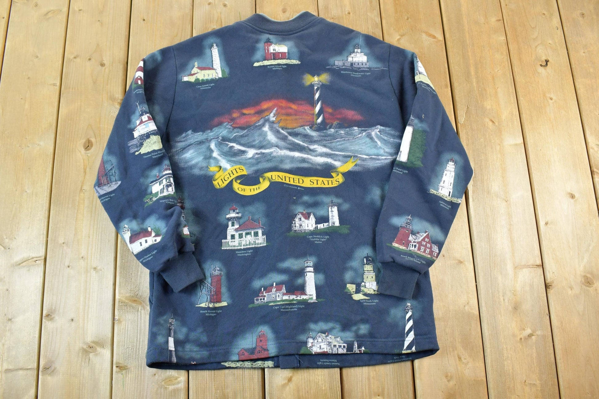 Vintage 1990s Art Unlimited AOP Lighthouses Crewneck Sweatshirt Made In USA Mens L