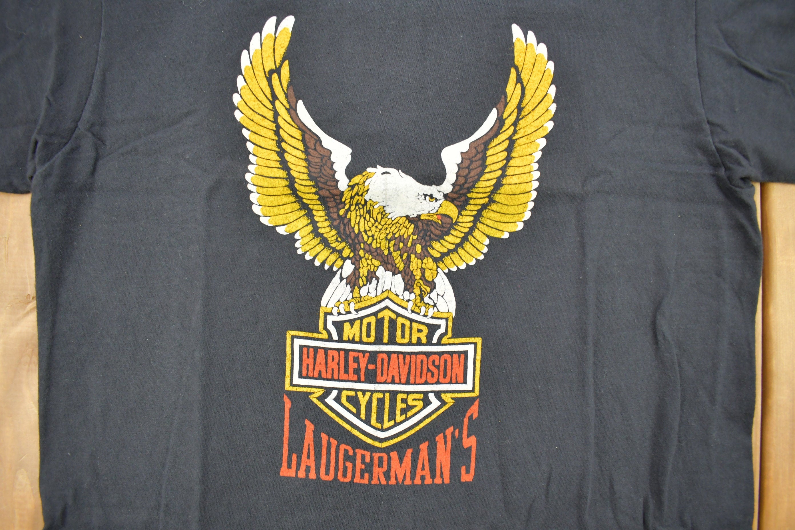 Vintage 1980s Laugerman's Harley Davidson York PA Bald Eagle Graphic T-Shirt