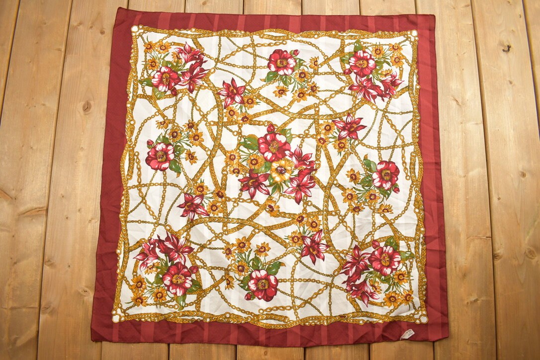 Vintage 1980s Flowers And Chains Striped Scarf / Made In Italy / Vintage Accessory / Vintage Scarves / All Over Pattern / Square Scarf