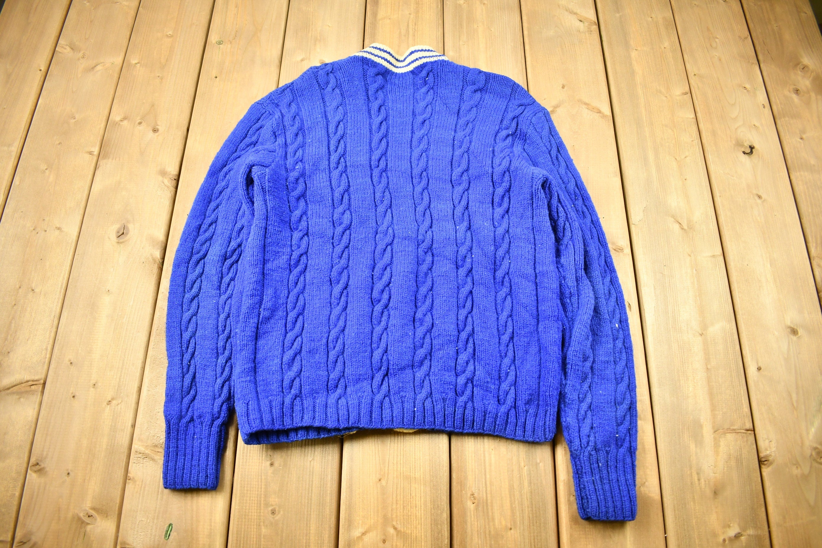 Vintage 1960s Cable Knit Collegiate Cardigan Sweater  H  Vintage Cardigan  Button Up  Patchwork  Made In USA  True Vintage