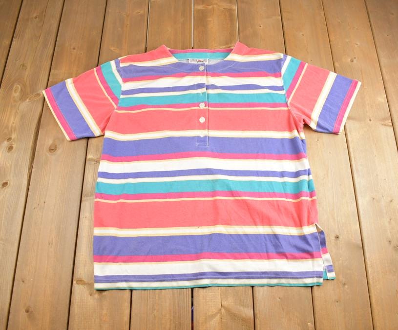 Vintage 1990s Bridge Gate Colorful Striped Short Sleeve Button Up Shirt