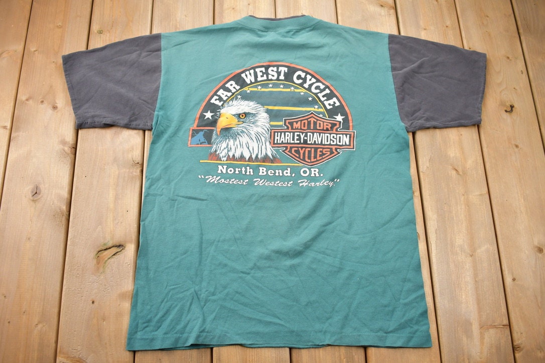 Vintage 1990s Harley Davidson Motorcycles North Bend OR Far West Cycle T-Shirt Single Stitch