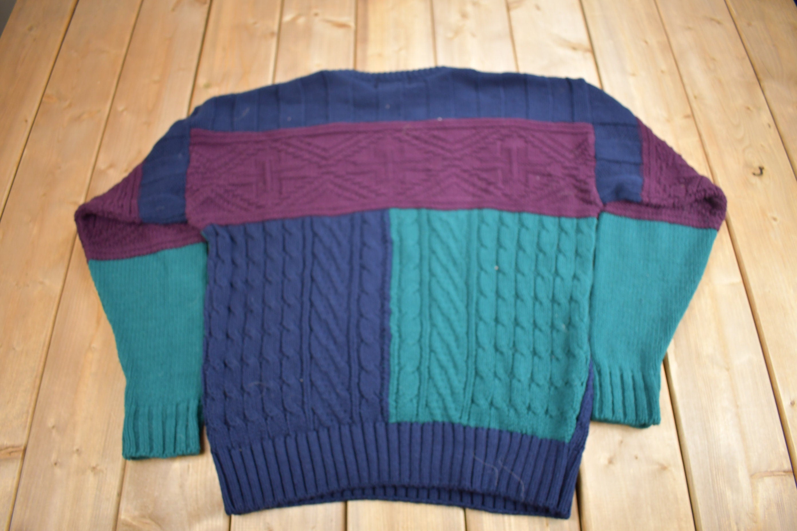 Vintage 1990s Eddie Bauer Color Block Cable Knit Sweater
