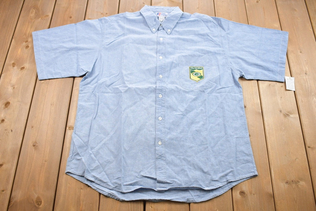 Vintage 1990s Embroidered Green Bay Packers NFL Denim Button Up T-Shirt