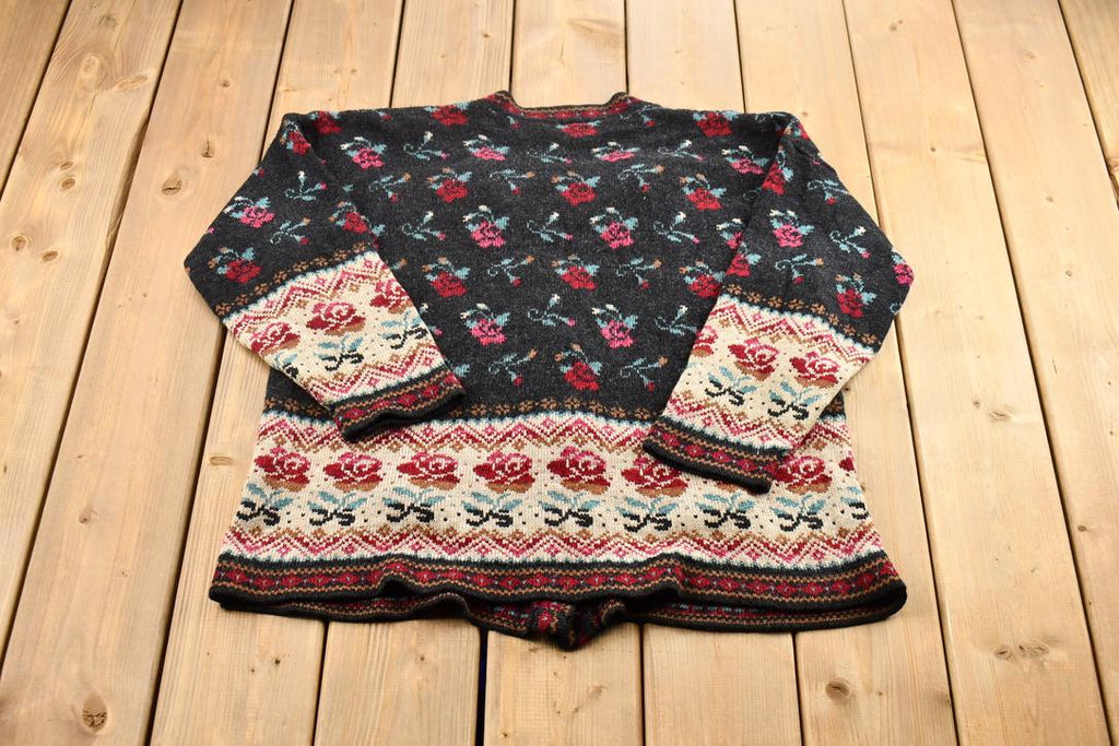 Vintage 1990s Basic Editions Women's Rose and Lily Pattern Knit Cardigan Sweater