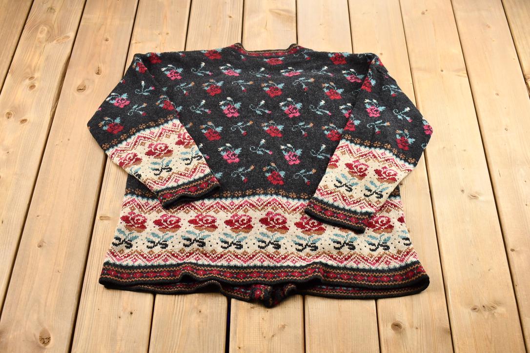 Vintage 1990s Basic Editions Women's Rose and Lily Pattern Knit Cardigan Sweater