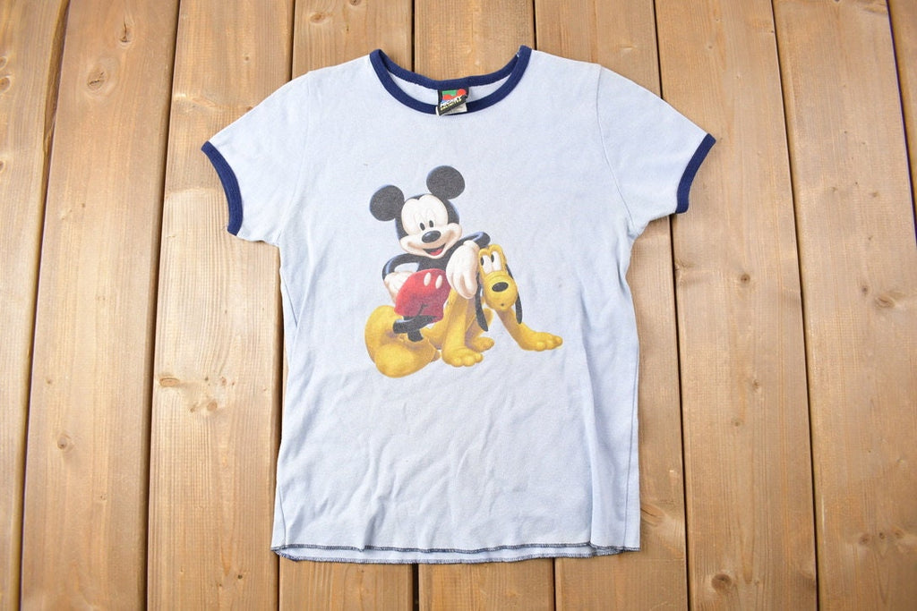 Vintage 1990s Disney Mickey Mouse Pluto Graphic Ringer T-Shirt Cartoon Character Graphic
