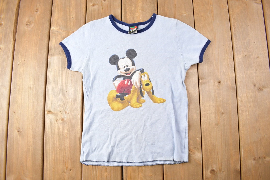 Vintage 1990s Disney Mickey Mouse Pluto Graphic Ringer T-Shirt Cartoon Character Graphic