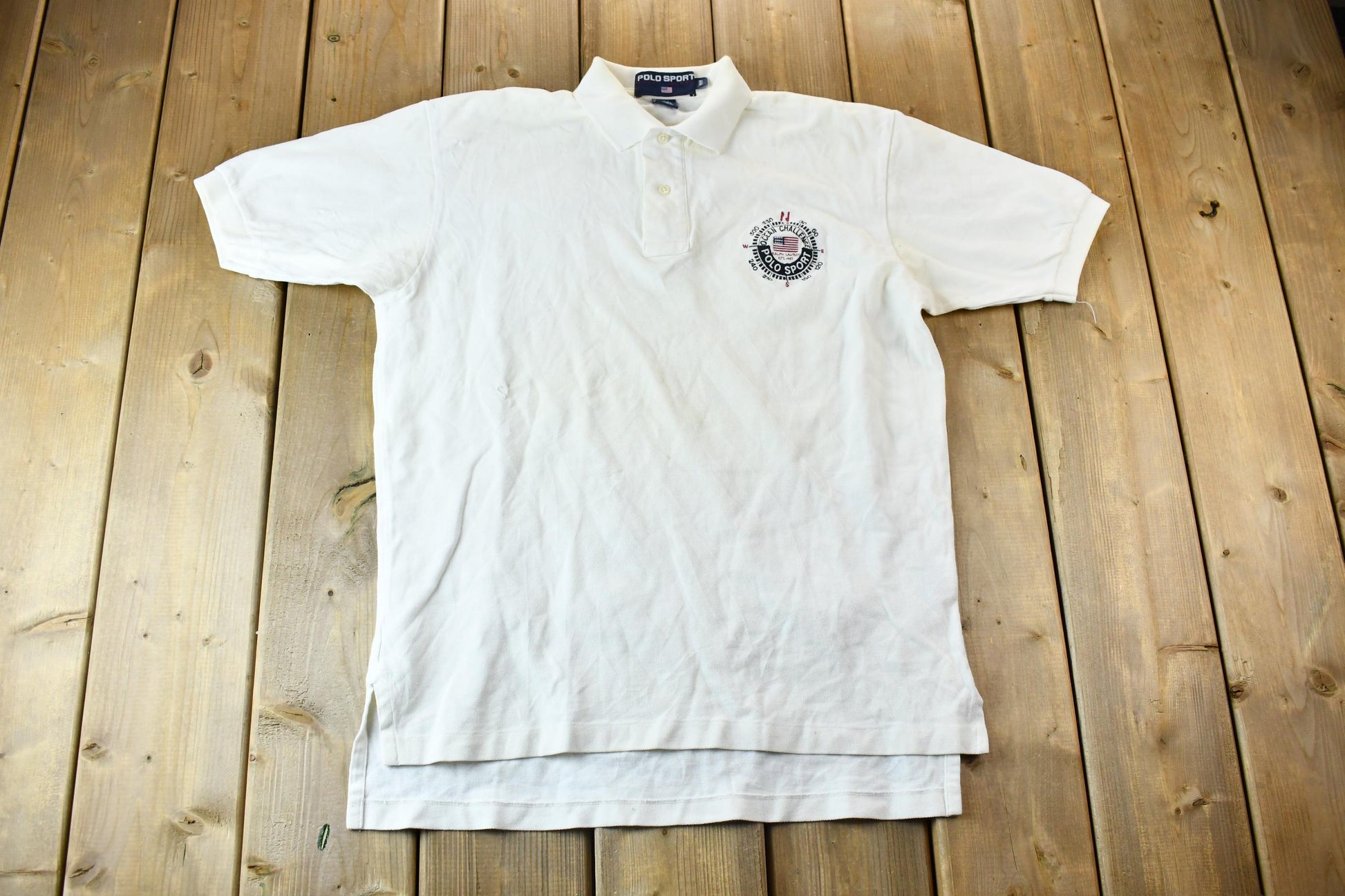 Vintage 1990s Polo Ralph Lauren Sport Ocean Challenge Compass Logo Embroidered Polo Shirt