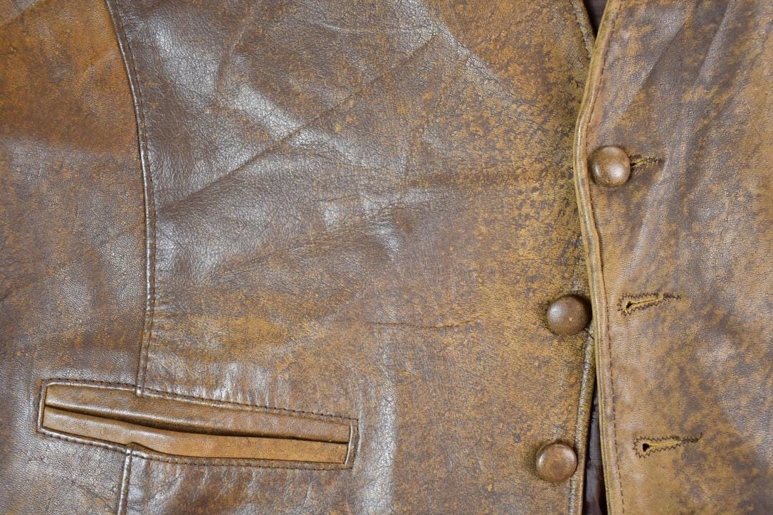 Vintage 1990s Lariat Leather Perfectly Distressed Western Cowboy Vest Made In USA