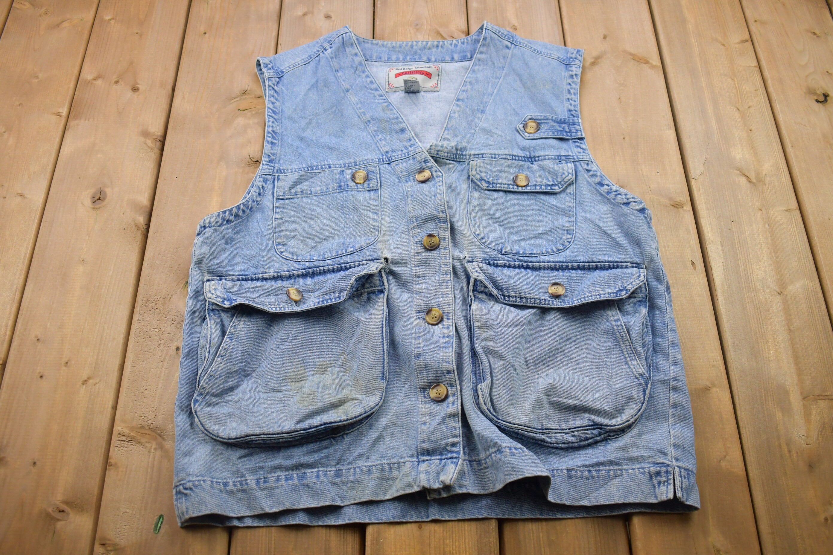 Vintage 1990s Red Ridge Mountain Denim Jean Cargo Vest